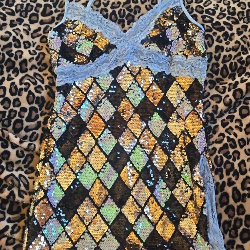 Sequin Harlequin Chemise with Lace Trim
